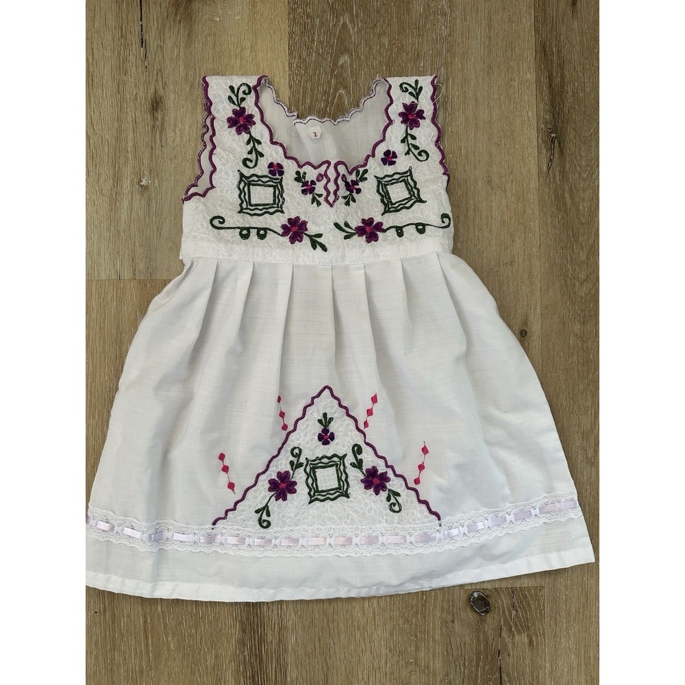 Vintage Handmade Embroidered Toddler Dress Size 2 White Floral
